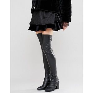 Black faux leather thigh high boot